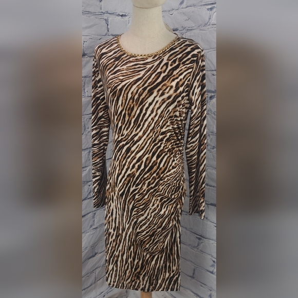 Michael Kors Dresses & Skirts - NWT Michael Kors Animal Print Dress Midi Ruched Gold Chain Camel $175 Large